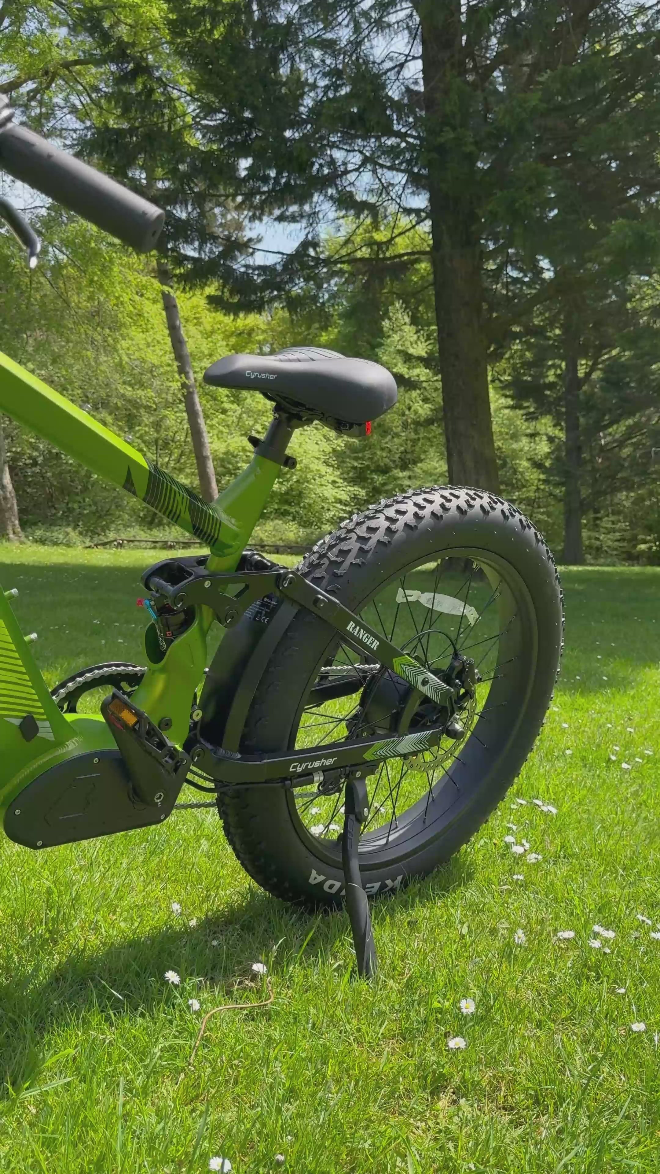 Load video: Cyrusher Ranger All-Terrain Mountain Electric Bike Top Speed 28mph, 750W Motor, 52V 20Ah Battery